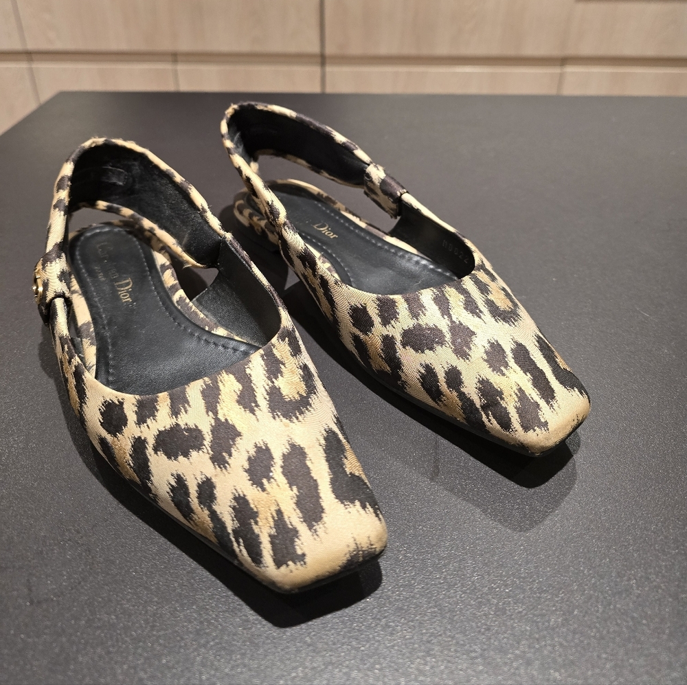 Dior Leopard Print Slingback Flats in Tan and Black